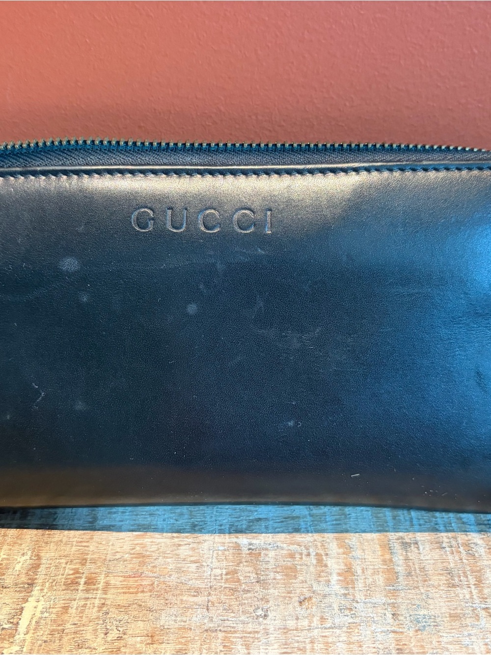 Gucci Black Leather Long Zip Wallet with Embossed Logo